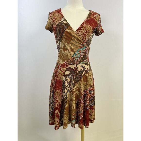 Ralph Lauren Petite Short Sleeve V Neck Dress Brown Red Print Classic Size PXS - Picture 1 of 7